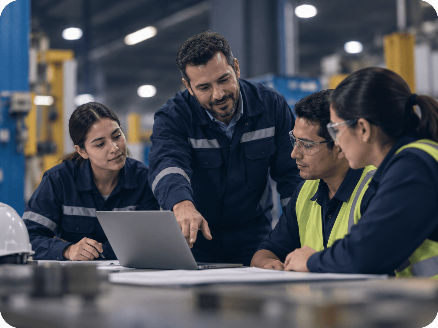 Capacitación industrial con un equipo reunido alrededor de una mesa de trabajo